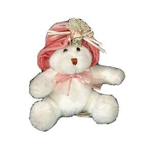 Dan Dee White Bear Plush Pink Rosette Hat and Bow Stuffed Animal Toy Sitting 6"
